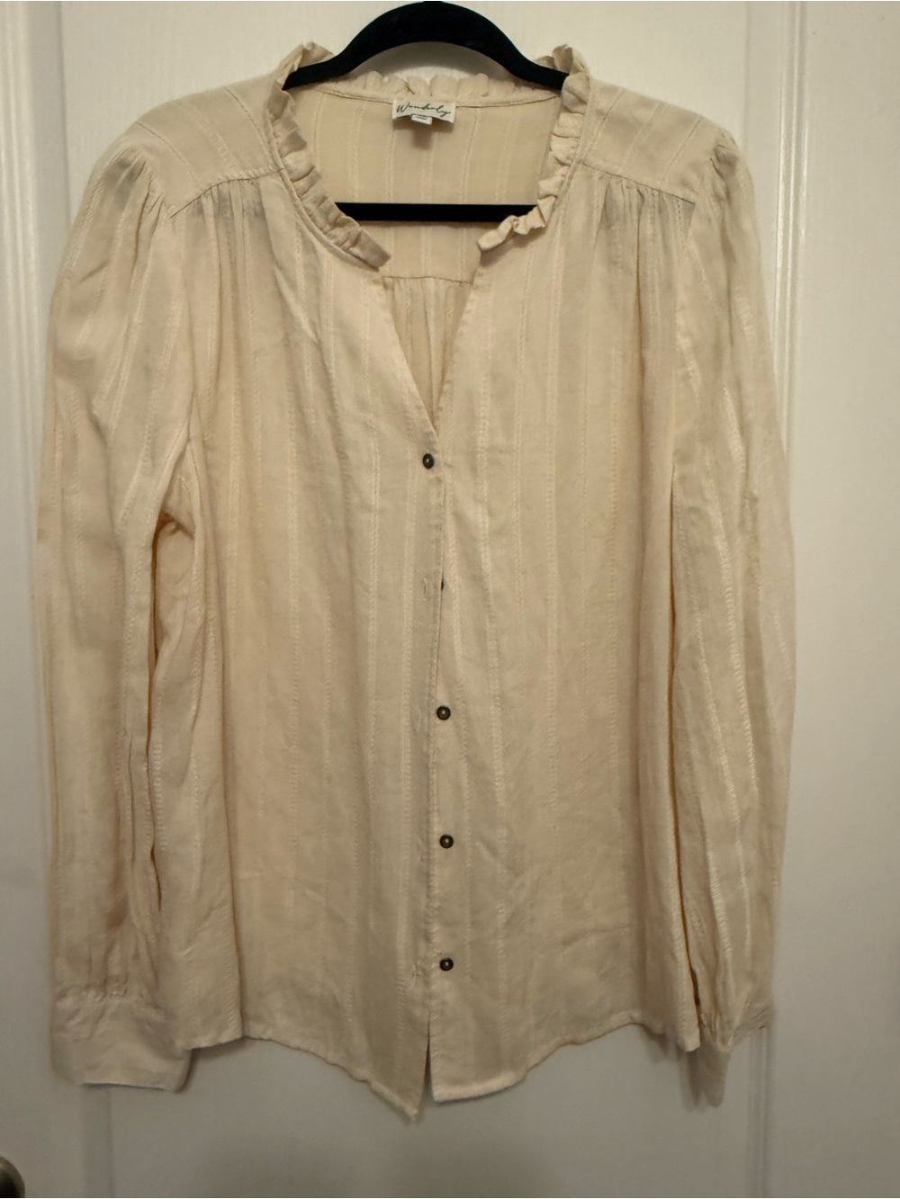 Wonderly Ivory Rayon Linen Blend Ruffle Neck Button Down Boho Blouse Size XL